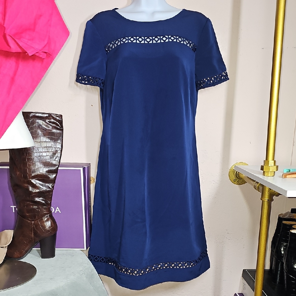 Donna Ricco Blue Sheath Dress Crew Neck Midi